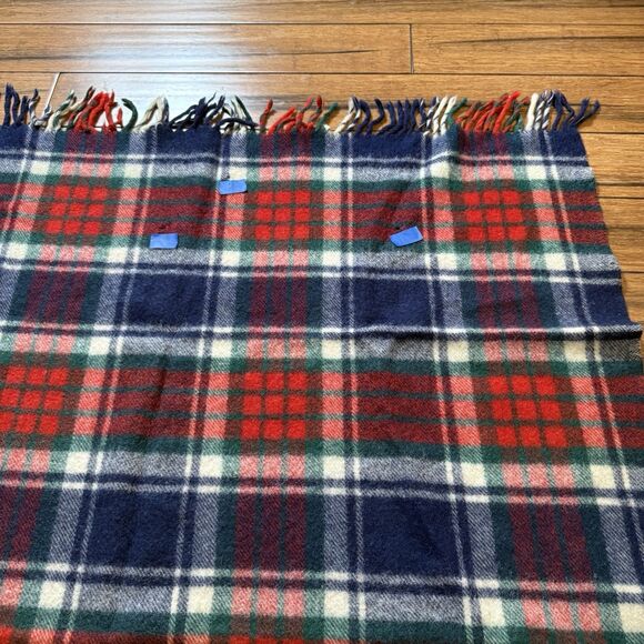 Vintage Wool Blend Navy Red Plaid Throw Blanket Fringed 50”x66” w/Fringe *READ* - Picture 8 of 12